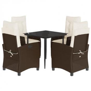 5-Piece Brown Poly Rattan Garden Dining Set with Cushions