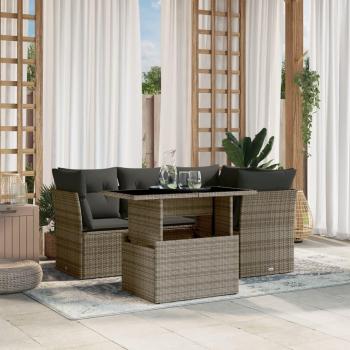 5-Piece Grey Poly Rattan Garden Sofa Set with Cushions