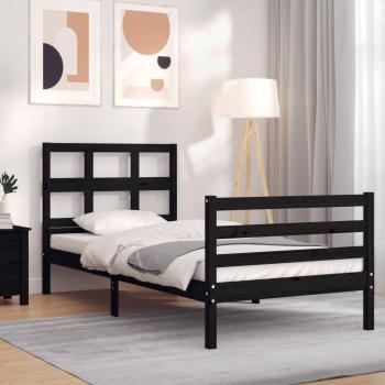 Cama individual de madera maciza con cabecero negro 90x200 cm