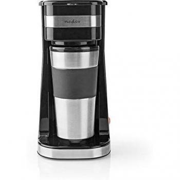 Nedis - Máquina de café - Diseño de acero inoxidable - Vaso de viaje con tapa - Aislamiento de doble pared - Función antigoteo - 1 taza a la vez - 0,4 L - Negro / Plata