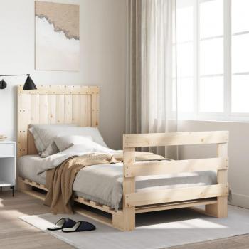 Cama individual con cabecero 90x200 cm en madera maciza de pino color marrón