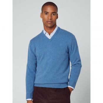 Hackett Men's Lambswool V-Neck Sweater in Steel Blue