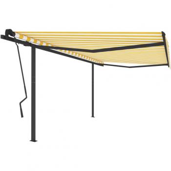 Toldo retráctil manual con postes amarillo y blanco 4,5x3,5 m