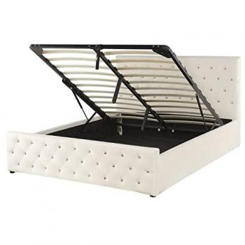 Cama Doble Tapizada en Terciopelo Beige con Almacenamiento y Cabecero Acolchado 160 x 200 cm Amiens