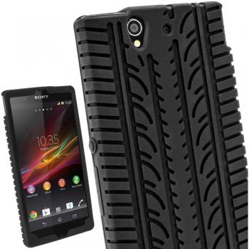 igadgitz Negro Case Neumático Tyre Silicona Funda Cover Carcasa para Sony Xperia Z Android Smartphone teléfono móvil + Protector de pantalla