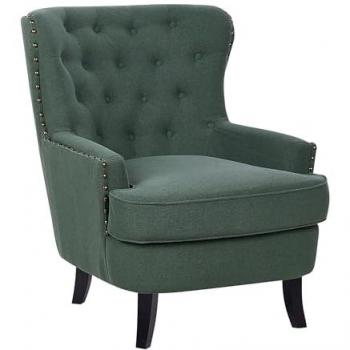 Sillón Orejero Clásico Tapizado en Tela Verde Oscuro con Botones y Clavos Decorativos Viborg II