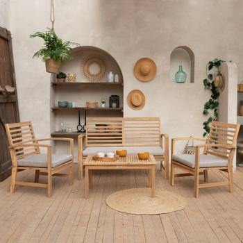 Conjunto de muebles de jardín de acacia de 4 plazas con cojines arena Happy Garden