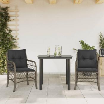 3-Piece Gray Poly Rattan Bistro Set with Cushions