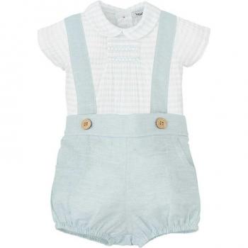 Conjunto de bebé niño de camisa a rayas y short con tirantes en color celeste en cuadros vichy