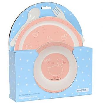 Set de Platos y Cubiertos Infantiles Safta Patito 4 Piezas, Rosa Palo, 22.5x26x5.5 cm