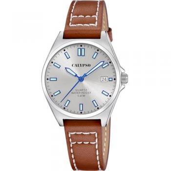 Reloj Calypso Basic K5869/2 Gris Mujer, Caja de Acero Inoxidable 316L Plateado, Correa de Piel Marrón