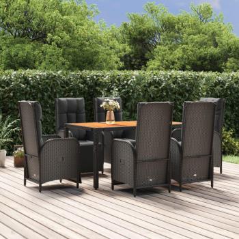 7-Piece Black Poly Rattan Garden Dining Set with Cushions
