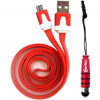 Emartbuy® Duo Paquete para Samsung Galaxy Young 2- Rojo Lápiz Óptico Metálico + Rojo Cable Plano Antienredos para Transferencia de Datos y Cargador Micro USB Sync