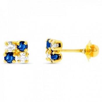 Pendientes Oro 18k Cuadrados con Detalle de Zafiros y Circonitas