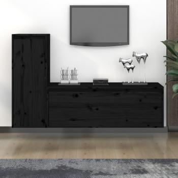 Mueble de TV 2 piezas en madera maciza de pino negro, ideal para salón, diseño moderno y funcional