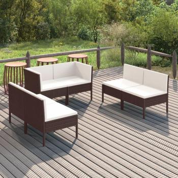 6-Piece Brown Poly Rattan Garden Lounge Set with Cushions