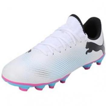 Puma Botas de Fútbol Future 7 Play FG/AG Jr, Zapatillas de Fútbol, Color Blanco, Negro y Rosa Veneno, Talla 29 EU