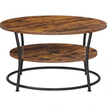 Mesa de café industrial redonda con doble estante, fácil montaje, 80x45 cm, metal y marrón rústico