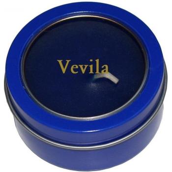 Candela en caja de metal con tapadera plástica con nombre grabado: Vevila