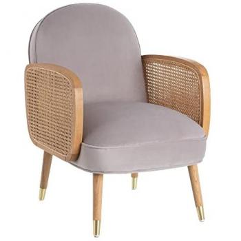 Sillón Gris de Terciopelo con Brazos y Madera, 60 x 63 x 83 cm, Tejido Sintético