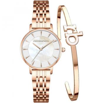 Reloj RoccoBarocco Luxury® Conjunto Rose Pattern & White con correa de acero inoxidable, esfera blanca, detalles en color rosa, incluye pulsera a juego y es resistente al agua