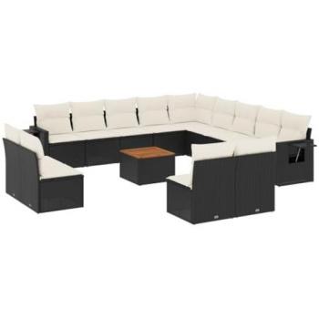 14-Piece Black Poly Rattan Garden Sofa Set with Cushions