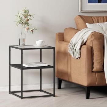 Mesa auxiliar Solund industrial con estante de acero y cristal templado 55x40x40 cm - Negro mate