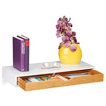 Estante Flotante Escandinavo con Cajón de MDF y Bambú, 8 x 60 x 24 cm, Blanco y Madera Natural