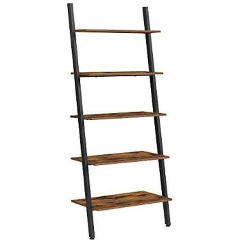 Estantería industrial de 5 niveles inclinada, librería de pared para salón, cocina, oficina, de hierro, estable, apoyada contra la pared, marrón rústico