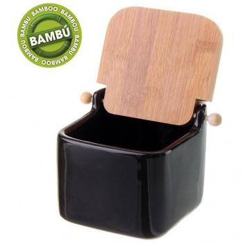 Home Line Salero Cuadrado de cerámica con Tapa de Madera, Negro, 12x12x11 cm