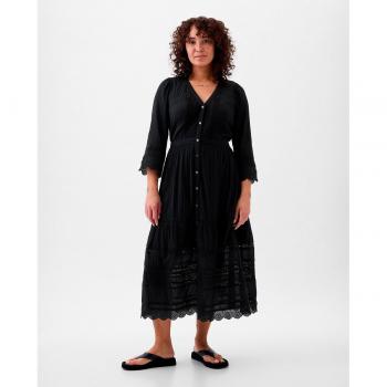 Vestido Midi con Botones Delanteros y Puntillas en Bajo y Manga de GAP