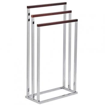 Toallero de metal plateado con madera oscura, 3 rieles, accesorio de pie moderno para baño, dimensiones 45 x 84 cm