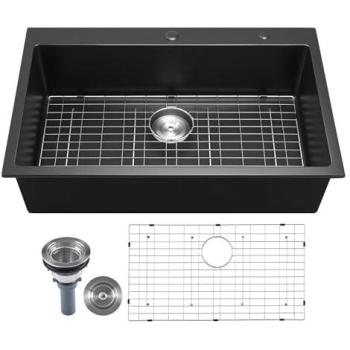 VEVOR 33-Inch Black Granite Drop-In Kitchen Sink Workstation with Accessories for RV, Prep Kitchen, and Bar
