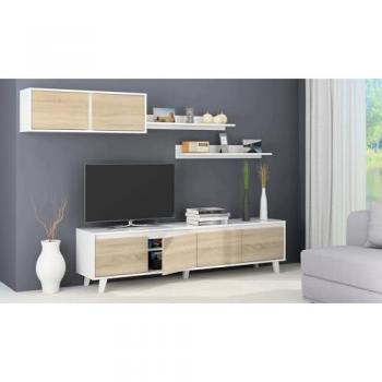 Mueble de TV Dmora Efecto Madera Beige y Blanco 200x41 cm con Estantes y Elemento Murales