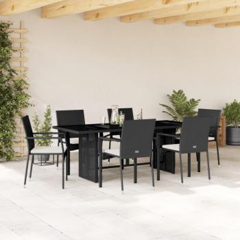 7-Piece Black Poly Rattan Garden Dining Set with Cushions