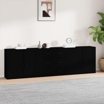 Aparador de 3 piezas en madera contrachapada negro, mueble de almacenaje para salón, buffet auxiliar y armario de almacenamiento