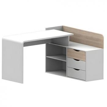Escritorio rinconera Declan II - MDF - 3 cajones y 2 estantes - Color: Blanco y Roble
