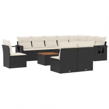 11-Piece Black Poly Rattan Garden Sofa Set with Cushions