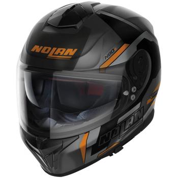 Nolan Casco Integral N80-8 Wanted N-Com Negro-Naranja con características de diseño aerodinámico, sistema de ventilación eficiente, visera anti-rayaduras, interior desmontable y lavable, homologación ECE 22