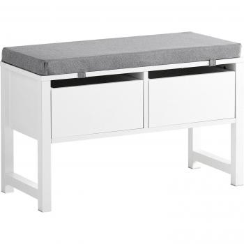 Banco Zapatero SoBuy FSR88-W con 2 Cajones, Madera blanca, Cojín acolchado de asiento, Dimensiones: 72x30x46 cm
