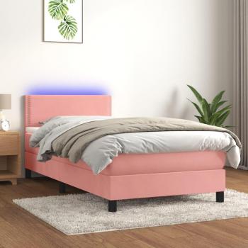 Cama box spring con colchón y LED rosa 90x200 cm en terciopelo