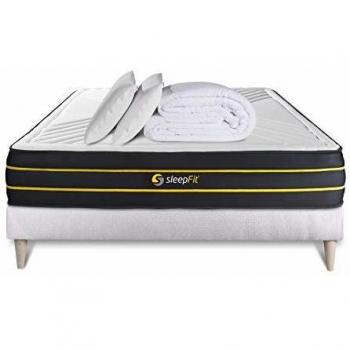 Pack SLEEPFIT para Dormir 140x190 cm - Colchón Ultra con Muelles Ensacados y Espuma Viscoelástica, Somier Blanco, 2 Almohadas de Memoria 60x40 cm y Ed