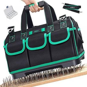 AIRAJ Bolsa de Herramientas 40×23×28CM,Con Gran Apertura,Con Base de ABS,Bolsa de Herramientas Impermeable,Correa de Hombro Ajustable,Carpintería y Electricista,Bolsa Herramientas Profesional