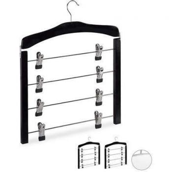 Set de 3 Perchas Múltiples Salvaspacio con Ganchos Giratorios y Pinzas para Faldas y Pantalones, Madera Negra