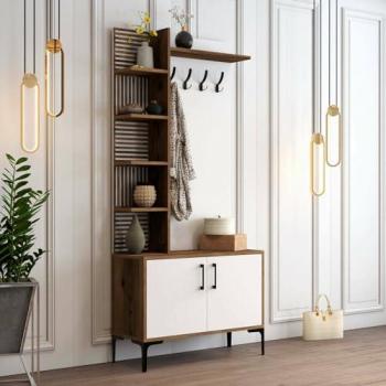 Mueble de Entrada Multifuncional Calista, Consola con Perchero y Almacenamiento, 90x35x200 cm, Nogal y Blanco