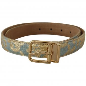 Dolce & Gabbana Blue Leather Jacquard Embossed Gold Metal Buckle Belt - 65 cm / 26 Inches