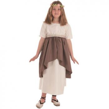 Disfraz de Artesana Medieval para niña, incluye vestido largo de color marrón con detalles en verde, cinturón de cuerda, gorro con forma de capucha y mangas largas
