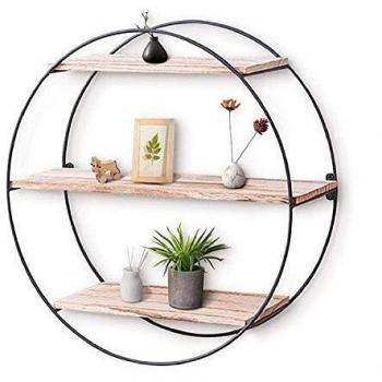 king do way Estantería de Pared Redondo Acero Inoxidable, Baldas Flotantes con 3 tabelettes Madera, Decorativa Retro Almacenaje/Salón/Dormitorio/Cocina/Café, 50 x 50 x 19 cm