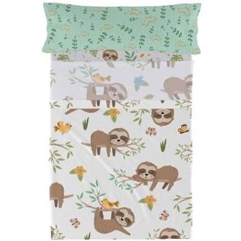 Juego de Sábanas HappyFriday Moshi Moshi Happy Sloth Multicolor Cama de 105, 2 Piezas, 100% Algodón, Calidad de 150, Dimensiones: 180x270 cm