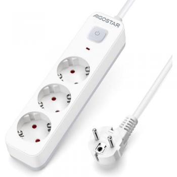 Regleta Enchufes Aigostar 3 Enchufes con Interruptor, Cable de 3 Metros, 16A/250V/Max3680W, Color Blanco